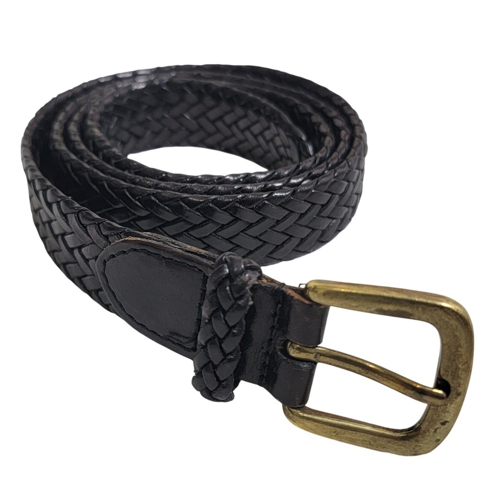 Talbots Womens Braided Woven Leather Belt Black Solid Brass Buckle Size Large